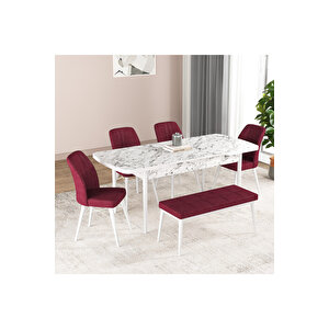 Hestia Serisi Açılabilir Mdf Mutfak Salon Masa Takımı 4 Sandalye+1 Bench Beyaz Mermer Görünümlü Bordo