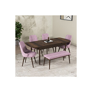 Hera Serisi Açılabilir Mdf Mutfak Salon Masa Takımı 4 Sandalye+1 Bench Pembe