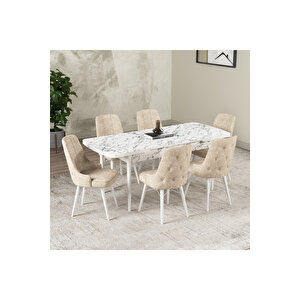 Hera Serisi Açılabilir Mdf Mutfak Salon Masa Takımı 6 Sandalyeli Beyaz Mermer Görünümlü Krem