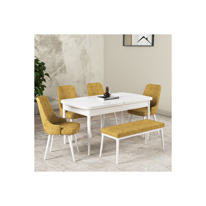 Hera Serisi Açılabilir Mdf Mutfak Salon Masa Takımı 4 Sandalye+1 Bench Beyaz Sarı