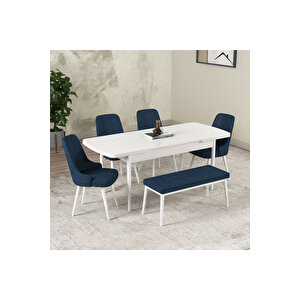 Hera Serisi Açılabilir Mdf Mutfak Salon Masa Takımı 4 Sandalye+1 Bench Beyaz Lacivert