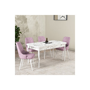 Hera Serisi Açılabilir Mdf Mutfak Salon Masa Takımı 4 Sandalyeli Beyaz Mermer Görünümlü Pembe