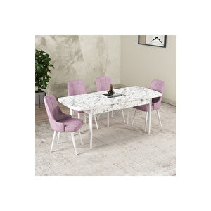 Hera Serisi Açılabilir Mdf Mutfak Salon Masa Takımı 4 Sandalyeli Beyaz Mermer Görünümlü Pembe