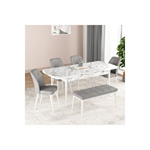 Hestia Serisi Açılabilir Mdf Mutfak Salon Masa Takımı 4 Sandalye+1 Bench Beyaz Mermer Görünümlü Gri