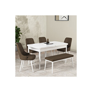 Hera Serisi Açılabilir Mdf Mutfak Salon Masa Takımı 4 Sandalye+1 Bench Beyaz Kahverengi