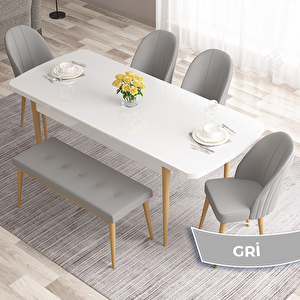 Roz Serisi 80x132 Açılabilir Beyaz Doğal Ahşap Ayak Masa Takımı 4 Gri Sandalye Ve 1 Bench Gri