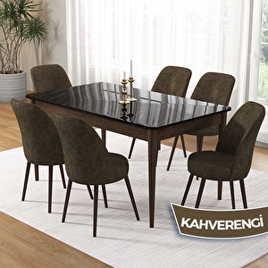 Pir Serisi 80x130 Siyah Mermer Desen Ceviz Ayak Masa Takımı Ve 6 Kahverengi Sandalye Kahverengi