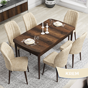 Rio Serisi 80x132 Açılabilir Mdf Barok Ahşap Desen Masa Takımı Ve 6 Krem Sandalye Krem