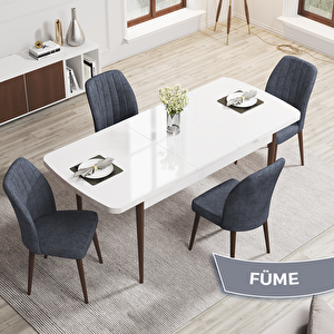 Rio Serisi 80x132 Açılabilir Mdf Beyaz Masa Ceviz Ayak Masa Takımı Ve 4 Füme Sandalye Füme