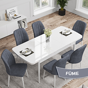 Rio Serisi 80x132 Açılabilir Mdf Beyaz Masa Takımı Ve 6 Füme Sandalye Füme