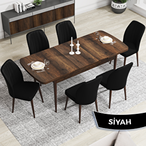 Rio Serisi 80x132 Açılabilir Mdf Barok Ahşap Desen Masa Takımı Ve 6 Siyah Sandalye Siyah