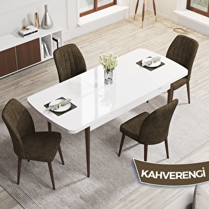 Rio Serisi 80x132 Açılabilir Mdf Beyaz Masa Ceviz Ayak Masa Takımı Ve 4 Kahverengi Sandalye Kahverengi