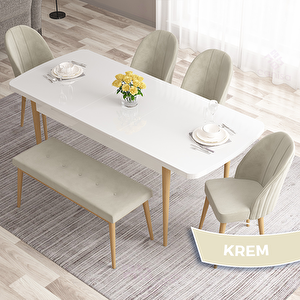 Roz Serisi 80x132 Açılabilir Beyaz Doğal Ahşap Ayak Masa Takımı 4 Krem Sandalye Ve 1 Bench Krem