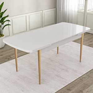 Roz Serisi 80x132 Açılabilir Beyaz Doğal Ahşap Ayak Masa Takımı 4 Krem Sandalye Ve 1 Bench