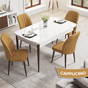 Rio Serisi 80x132 Açılabilir Mdf Beyaz Masa Ceviz Ayak Masa Takımı Ve 4 Cappucino Sandalye Cappucino