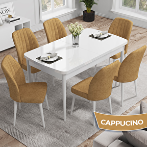 Rio Serisi 80x132 Açılabilir Mdf Beyaz Masa Takımı Ve 6 Cappucino Sandalye Cappucino