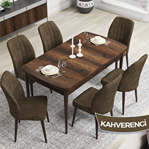 Rio Serisi 80x132 Açılabilir Mdf Barok Ahşap Desen Masa Takımı Ve 6 Kahverengi Sandalye Kahverengi