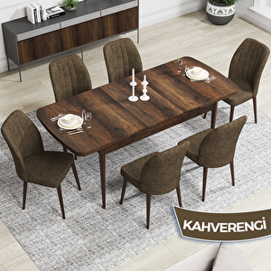 Rio Serisi 80x132 Açılabilir Mdf Barok Ahşap Desen Masa Takımı Ve 6 Kahverengi Sandalye Kahverengi
