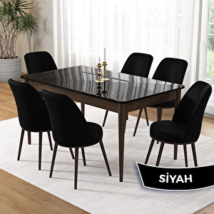 Pir Serisi 80x130 Siyah Mermer Desen Ceviz Ayak Masa Takımı Ve 6 Siyah Sandalye Siyah