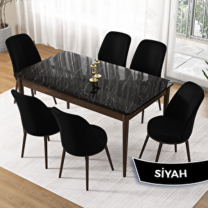 Pir Serisi 80x130 Siyah Mermer Desen Ceviz Ayak Masa Takımı Ve 6 Siyah Sandalye Siyah