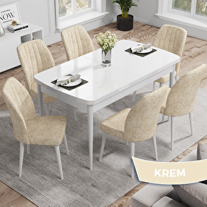 Rio Serisi 80x132 Açılabilir Mdf Beyaz Masa Takımı Ve 6 Krem Sandalye Krem