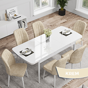 Rio Serisi 80x132 Açılabilir Mdf Beyaz Masa Takımı Ve 6 Krem Sandalye Krem