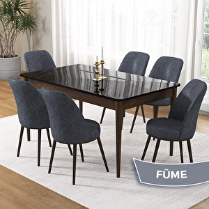 Pir Serisi 80x130 Siyah Mermer Desen Ceviz Ayak Masa Takımı Ve 6 Füme Sandalye Füme