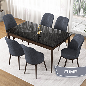 Pir Serisi 80x130 Siyah Mermer Desen Ceviz Ayak Masa Takımı Ve 6 Füme Sandalye Füme
