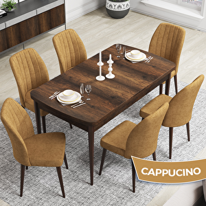 Rio Serisi 80x132 Açılabilir Mdf Barok Ahşap Desen Masa Takımı Ve 6 Cappucino Sandalye Cappucino