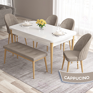 Roz Serisi 80x132 Açılabilir Beyaz Doğal Ahşap Ayak Masa Takımı 4 Cappucino Sandalye Ve 1 Bench Cappucino