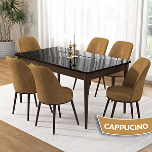 Pir Serisi 80x130 Siyah Mermer Desen Ceviz Ayak Masa Takımı Ve 6 Cappucino Sandalye Cappucino