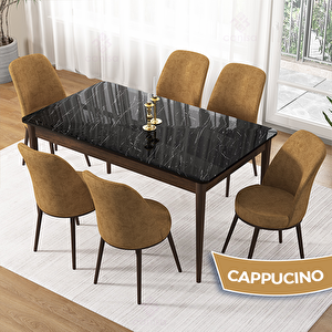 Pir Serisi 80x130 Siyah Mermer Desen Ceviz Ayak Masa Takımı Ve 6 Cappucino Sandalye Cappucino