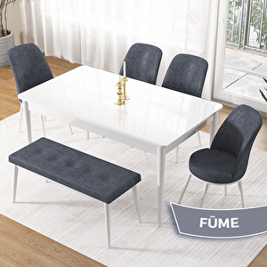 Pir Serisi 80x130 Beyaz Masa Takımı 4 Füme Sandalye Ve 1 Bench Füme