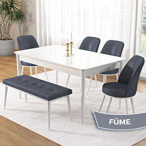 Pir Serisi 80x130 Beyaz Masa Takımı 4 Füme Sandalye Ve 1 Bench Füme