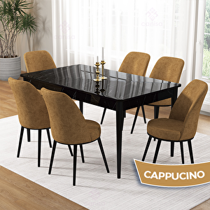 Pir Serisi 80x130 Siyah Mermer Desen Masa Takımı Ve 6 Cappucino Sandalye Cappucino