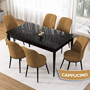 Pir Serisi 80x130 Siyah Mermer Desen Masa Takımı Ve 6 Cappucino Sandalye Cappucino