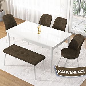 Pir Serisi 80x130 Beyaz Masa Takımı 4 Kahverengi Sandalye Ve 1 Bench Kahverengi
