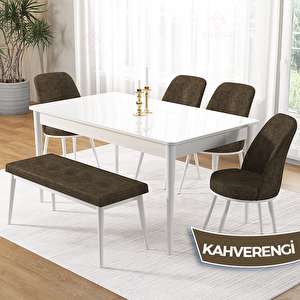 Pir Serisi 80x130 Beyaz Masa Takımı 4 Kahverengi Sandalye Ve 1 Bench Kahverengi
