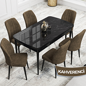 Rio Serisi 80x132 Açılabilir Mdf Siyah Mermer Desen Masa Takımı Ve 6 Kahverengi Sandalye Kahverengi