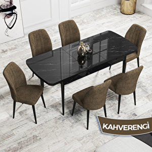 Rio Serisi 80x132 Açılabilir Mdf Siyah Mermer Desen Masa Takımı Ve 6 Kahverengi Sandalye Kahverengi