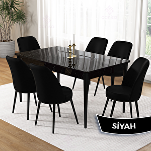 Pir Serisi 80x130 Siyah Mermer Desen Masa Takımı Ve 6 Siyah Sandalye Siyah