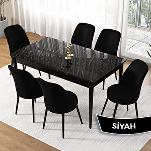 Pir Serisi 80x130 Siyah Mermer Desen Masa Takımı Ve 6 Siyah Sandalye Siyah