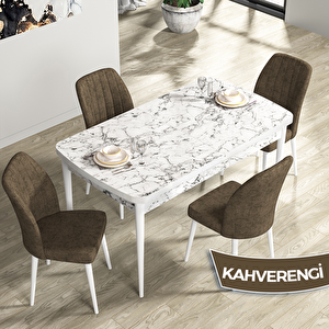 Rio Serisi 80x132 Açılabilir Mdf Beyaz Mermer Desen Masa Takımı Ve 4 Kahverengi Sandalye Kahverengi