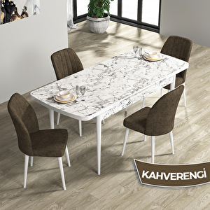 Rio Serisi 80x132 Açılabilir Mdf Beyaz Mermer Desen Masa Takımı Ve 4 Kahverengi Sandalye Kahverengi