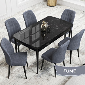 Rio Serisi 80x132 Açılabilir Mdf Siyah Mermer Desen Masa Takımı Ve 6 Füme Sandalye Füme