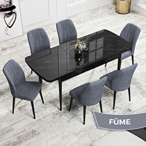 Rio Serisi 80x132 Açılabilir Mdf Siyah Mermer Desen Masa Takımı Ve 6 Füme Sandalye Füme