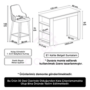 Talex Serisi Ada Mutfak Takımı Siyah Mermer Desen Bar Masası Ve 2 Adet Siyah Ayak Antrasit Sandalye