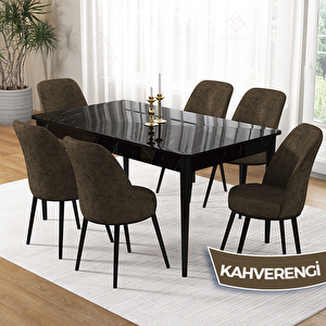 Pir Serisi 80x130 Siyah Mermer Desen Masa Takımı Ve 6 Kahverengi Sandalye Kahverengi