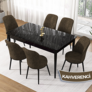 Pir Serisi 80x130 Siyah Mermer Desen Masa Takımı Ve 6 Kahverengi Sandalye Kahverengi