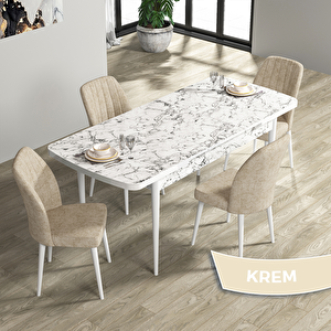 Rio Serisi 80x132 Açılabilir Mdf Beyaz Mermer Desen Masa Takımı Ve 4 Krem Sandalye Krem